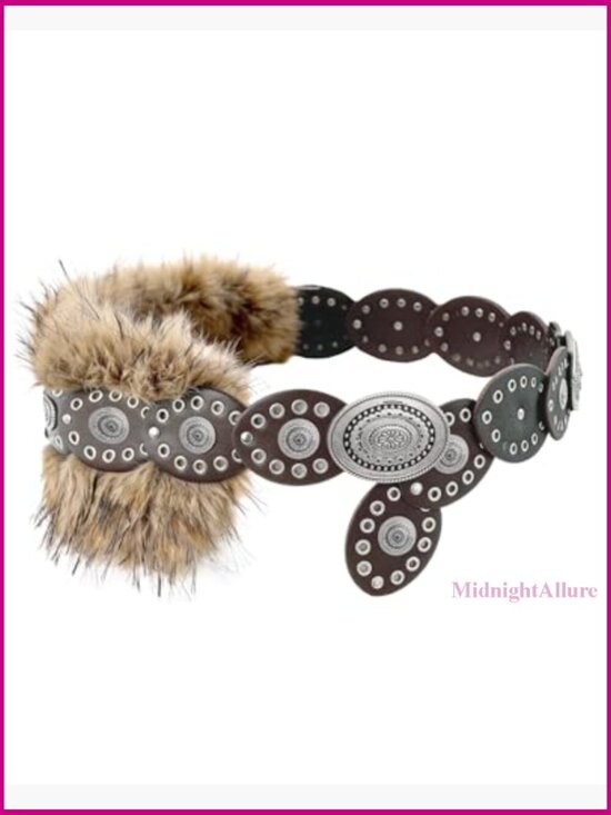 Faux Fur Studded Leather Belt, Adjustable Pin Buckle, Y2K Punk Renaissance main image 6